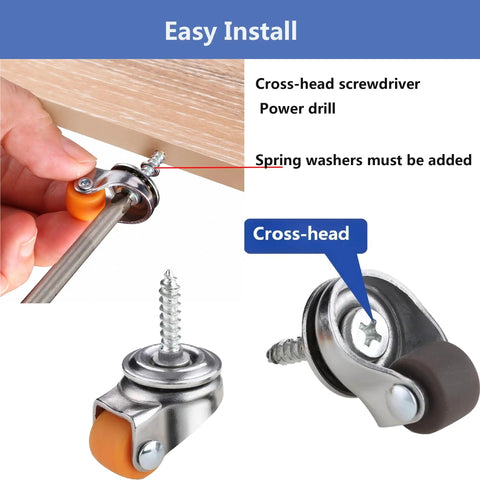 Installing Hassle Free Mount Heavy Duty Brown Mini Caster Wheels With M4X15 Screws using power drill and screwdriver.