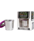 Stainless Steel Reusable K Cup Coffee Pod With Built In Filter For Keurig Single Serve Brewers with pink lid next to box