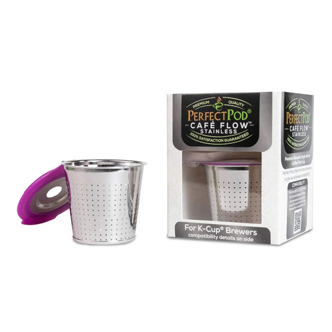 Stainless Steel Reusable K Cup Coffee Pod With Built In Filter For Keurig Single Serve Brewers with pink lid next to box