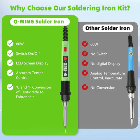 Comparison of Q-MING 80W High Power Soldering Iron Kit With Digital LCD Temperature Display Ceramic Heater and other solder iron