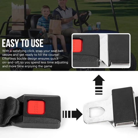 Close-up of All In One Golf Cart Seat Belt Kit with adjustable lap belts and buckle detail for Yamaha EZGO Club Car go karts.