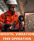 Tough As Nails 5 Inch Cordless Angle Grinder Featuring Brushless Power Motor And 8 Ah Lithium Battery With Sealed Dust Protection Soft Start and No Nonsense Heavy Duty Cutting Power in action, cutting steel and creating sparks.