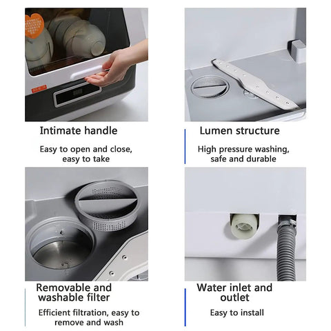 Intimate handle and removable filter of Reliable Countertop Dishwasher With High Temp Air Dry Three Wash Modes And 360 Rotate Spray.