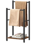 Freestanding Towel Rack And Blanket Holder For Bathroom, Two Tier Drying And Display Shelf In Rustic Brown And Black Finish