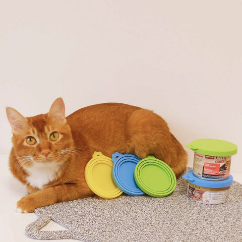 Universal Silicone Can Lids For Dog And Cat Food, 3 Pack With Spoon, Multi Colored Set next to a cat and canned pet food
