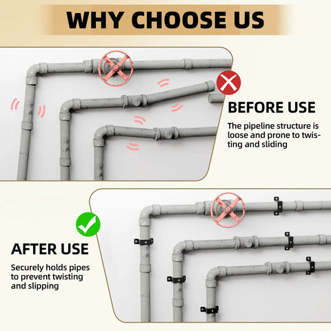 Comparison of pipes before and after using 2x2 Square Tube Strap Clamp U Shaped Metal Bracket Black Powder Coated Square Pipe Clamp