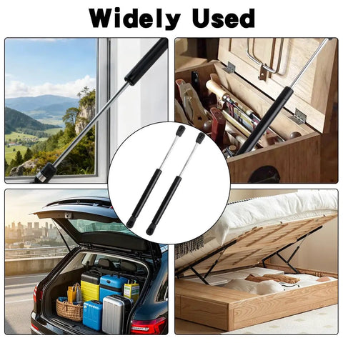 Heavy Duty Gas Struts Deliver Hefty Lift And No Fuss Operation For Tailgates RV Beds Tool Boxes And Outdoor Benches Built Tough To Beat Rust And Keep Seals Tight 2 Pack 10 Inch 100N, shown lifting truck and toolbox.
