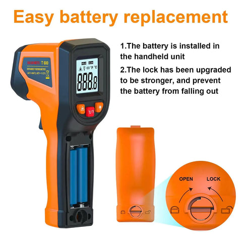 Non Contact Infrared Thermometer Gun With Fast Reading -58F To 1112F (-50C To 600C), 14 Inch Distance, industrial use, battery compartment open