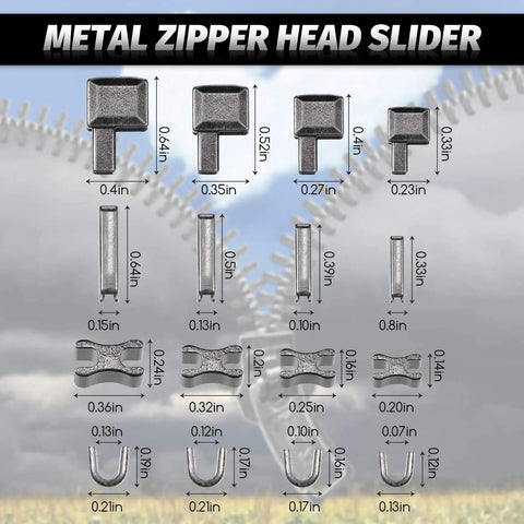 All In One Zipper Repair Kit With Metal Insertion Pins, Latch Sliders And Stopper Sets, dimensions shown for various parts