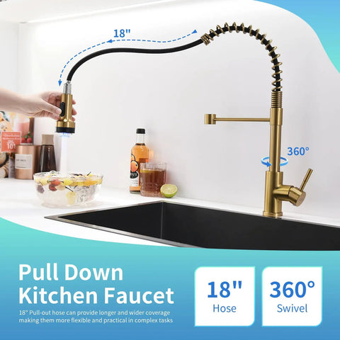 Gold Kitchen Faucet With Pull Down Sprayer, Single Hole, Stainless Steel, 18" hose, 360° swivel, on kitchen counter