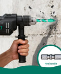 Heavy Duty Masonry Drill Bit Set With Ten Durable Carbide Tips For Cracking Concrete Brick And Tile Like A Pro in use with hex handle drill.
