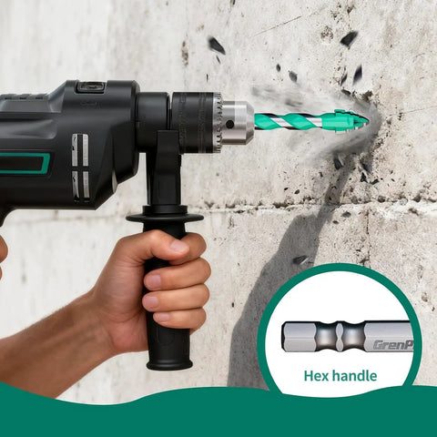 Heavy Duty Masonry Drill Bit Set With Ten Durable Carbide Tips For Cracking Concrete Brick And Tile Like A Pro in use with hex handle drill.
