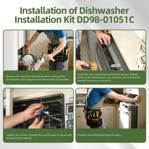 Four Piece Dishwasher Installation Bracket Kit With Thick Stainless Steel Construction in use, demonstrating installation steps.