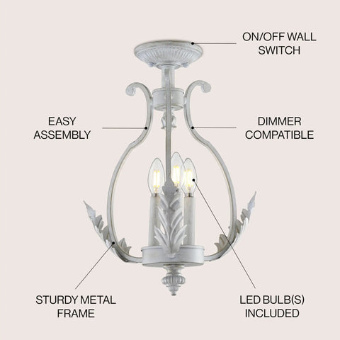Antique White 12.2 Inch 3 Light Iron Semi Flush Mount Ceiling Fixture With Candle Style Design For Cozy Hallway Entryway And Bedroom, French Country Cottage Decor, Energy Saving LED Bulbs Included