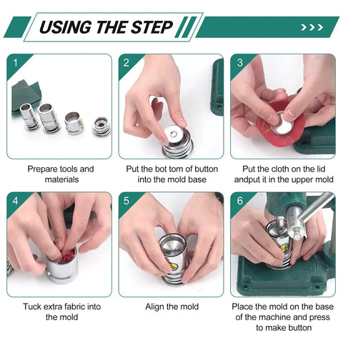 Step-by-step guide using Zero Sweat DIY Fabric Button Maker Machine Kit with molds for creating heavy duty buttons.