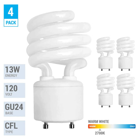 4 Pack 13W CFL Light Bulbs GU24 Base, 60W Equivalent, T2 Mini Twist, Warm White 2700K, Energy Saving Bulbs displayed as a set of four