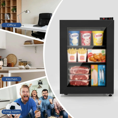 Solid Mini Upright Freezer Countertop Model With 2.2 Cubic Feet Span displaying frozen food in home settings.