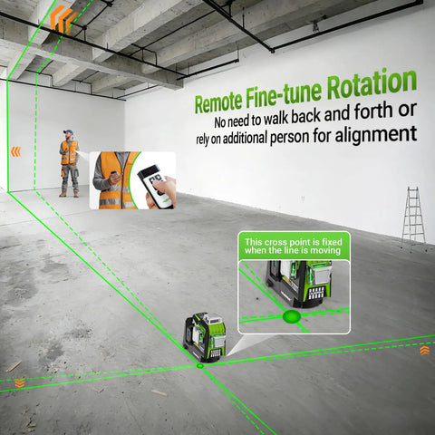 Top Notch Upgraded 360 Degree Laser Level With Electric Fine Adjustment Rotating Base Remote Control Rechargeable Self Leveling High Accuracy 1/13 Inch Pulse Mode For Precise DIY And Pro Projects in use in a large construction site.