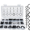 Front view of Ziciner 225-piece black rubber O-ring assortment kit in a clear plastic case with size chart