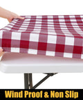 Hands securing Buffalo Plaid Elastic Waterproof Fitted Vinyl Tablecloth With Flannel Backing Windproof Non Slip Outdoor Dining Table Cover Burgundy