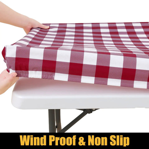 Hands securing Buffalo Plaid Elastic Waterproof Fitted Vinyl Tablecloth With Flannel Backing Windproof Non Slip Outdoor Dining Table Cover Burgundy