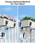 Adjustable Window Box Planter Brackets Heavy Duty Railing Mount For Balcony Deck Fence And Garden Universal Fit Top Two To Seven Inches Bottom Five Point Nine To Twelve Point Five Inches Enhanced Bottom Support Black Four Pack showcasing two mounting methods for stability.