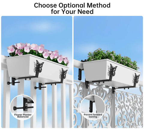 Adjustable Window Box Planter Brackets Heavy Duty Railing Mount For Balcony Deck Fence And Garden Universal Fit Top Two To Seven Inches Bottom Five Point Nine To Twelve Point Five Inches Enhanced Bottom Support Black Four Pack showcasing two mounting methods for stability.