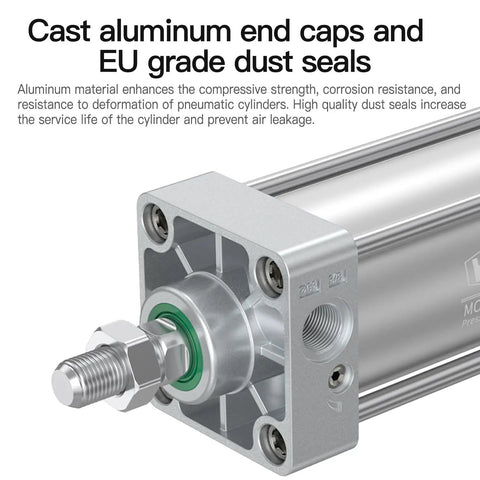 Close-up of aluminum end caps on Long Stroke Pneumatic Cylinder With 4 Inch Bore And 12 Inch Stroke Magnetic Beefy Heavy Duty