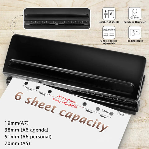 Rugged 6 Hole Paper Puncher With Adjustable Ring Spacing For A5, A6, A7 Formats, Four Position Settings 19mm 38mm 51mm 70mm