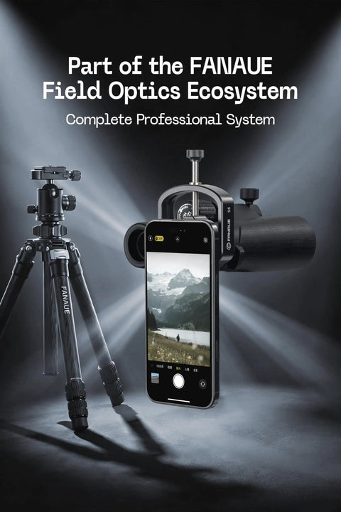 Phone Digiscoping Adapter For Telescopes And Spotting Scopes With A 2.16 Inch Eyepiece Max Magnetic Snap On Mount Fits Most Smartphones For Bird Watching Star Gazing And On The Go Nature Photography, phone mounted to spotting scope on tripod