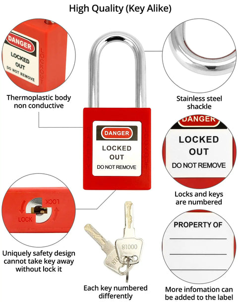Pro Grade Lockout Tagout Station Kit with red thermoplastic padlock, stainless steel shackle, and numbered keys for safety.