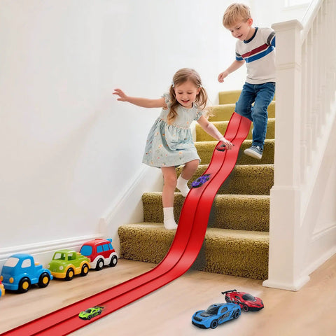 Kids playing with 16 Ft Flexible Race Track With Suction Cups for Diecast 1 64th Cars on stairs, red track toy for indoor fun