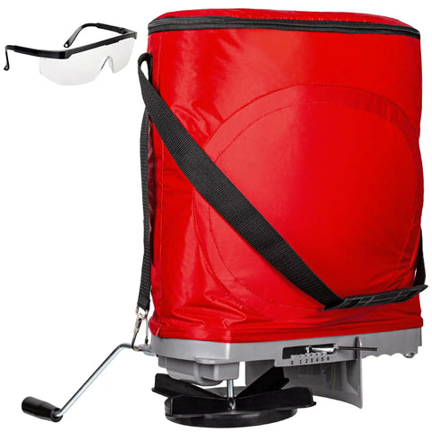 Handheld Seed Spreader With 25 Pound Bag Upright 3D Frame For No Spill Seed Spreading Flow Control Enclosed Gears Rear Baffle
