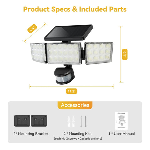Hella Bright Solar Flood Lights With 168 Led Motion Sensor 3 Head Wide Angle Mount Rock Solid Ip65 Waterproof Security Spots For Yard Heavy Duty Three Mode Light Black Two Pack