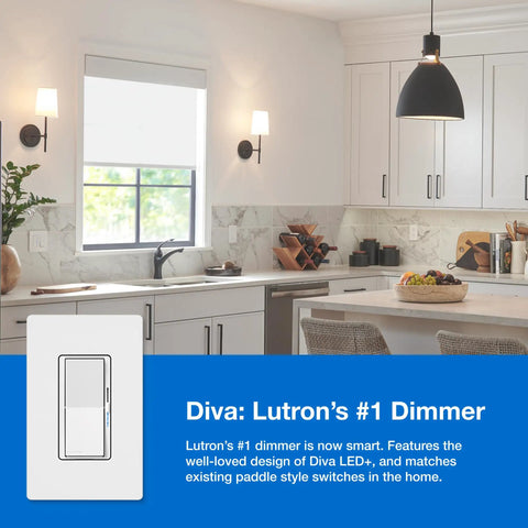 Caseta Smart Dimmer Switch Starter Kit with kitchen lighting setup, featuring the dimmer and stylish kitchen interior.