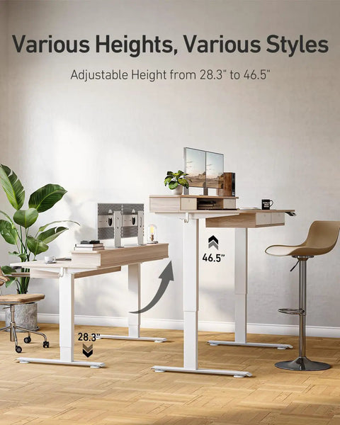 Fezibo 60 By 30 Inch Electric Standing Desk With Drawers Light Rustic Brown Finish showcasing adjustable heights 28.3 to 46.5 inches.