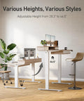 Light Rustic Brown Standing Electric Desk with Drawers, 55 X30 Inch Height Adjustable Sit Stand Workstation With Memory Presets For Home Office Ergonomic Smart Lifting Table Easy Setup Smooth Quiet Motor at adjustable heights.