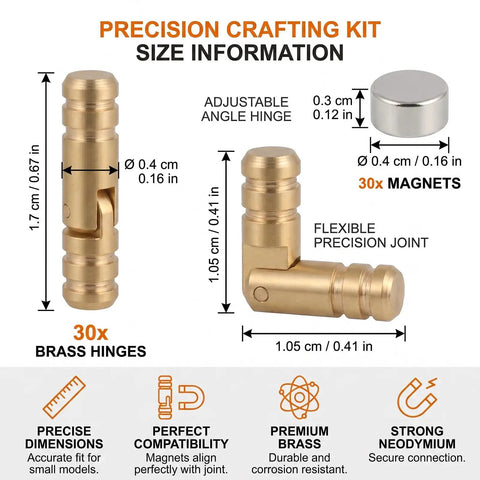 Premium Brass Barrel Jewelry Box Hinges Set for Small Wooden Boxes, 270 Degree Fold, Compact Design, shown with size info and magnets