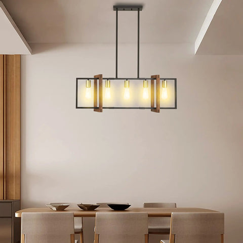 5 Light Gold Chandelier For Kitchen Island And Dining Room Boss Farmhouse Rustic Hand Painted Beech Wood Lantern Cage Frame With Black Finish Hallway And Bedroom Ready Rustic Modern Lighting Fixture installed over dining table.