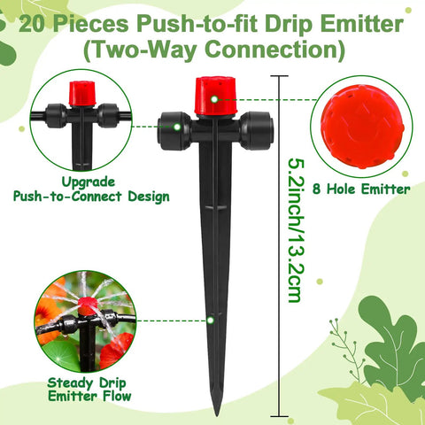 20 Quick Connect Drip Irrigation Emitters For One Quarter Inch Tubing Easy Install 360 Degree Adjustable Multi Stream Sprays On Five Inch Stakes