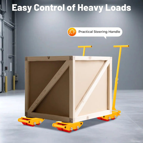 Premium 4 Pack Heavy Duty Machinery Mover Skates With 6 Ton Capacity, Solid Carbon Steel And PU Rollers For Factory Moves, machine skates moving crate with steering handle