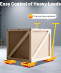 Heavy Duty Machinery Skates With 2 Steering Handles moving a wooden crate in a warehouse environment.