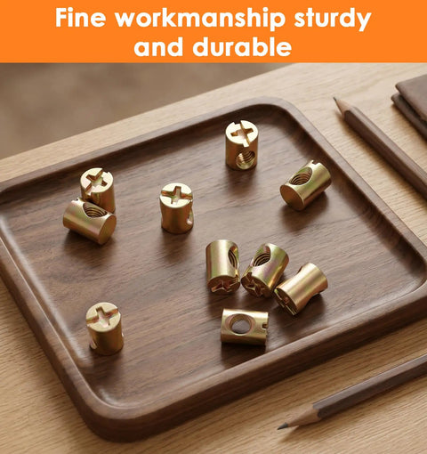 10 Pack M6 Barrel Nuts with Slotted Cross Dowel for Furniture And Bed Frames displayed on wooden tray