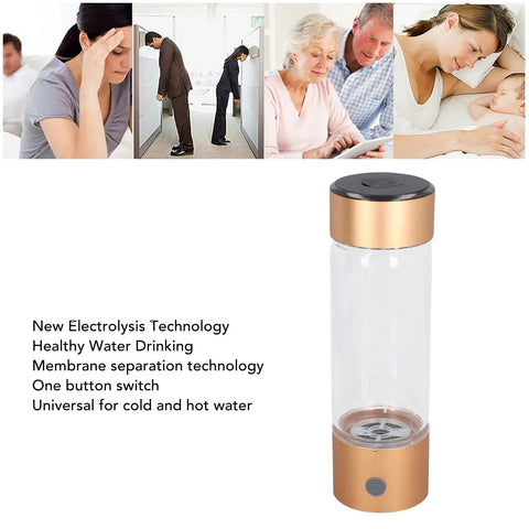 Portable Hydrogen Water Bottle With Nasal Inhalation Hose 410ml delivers 1200 1400 PPB hydrogen rich water, gold cap view