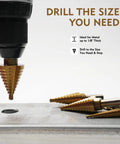 Step Drill Bit Set 3 Pcs Titanium HSS Unibit Drill Bits With Aluminum Case for Sheet Metal, shown in action on metal surface