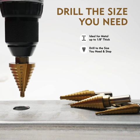 Step Drill Bit Set 3 Pcs Titanium HSS Unibit Drill Bits With Aluminum Case for Sheet Metal, shown in action on metal surface