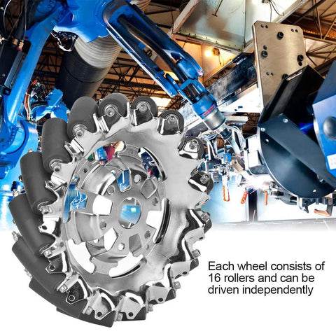 6 inch mecanum wheel for industrial robots with 16 TPU rollers in a factory setting.