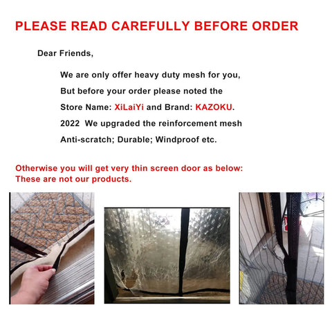 Notice about reinforced magnetic screen door with images showing incorrect thin screen doors and reinforced mesh example.
