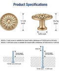 Product specifications of Vintage Rosette Sunburst Cabinet Knobs in Champagne Bronze Finish, showing sizes and screws, 30 pack.