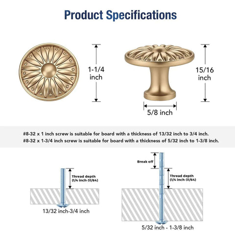 Product specifications of Vintage Rosette Sunburst Cabinet Knobs in Champagne Bronze Finish, showing sizes and screws, 30 pack.